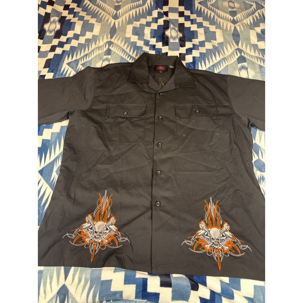 Dragonfly Roadhouse Mens XL Black Skull Piston Embroidered Biker Work Shirt Y2K